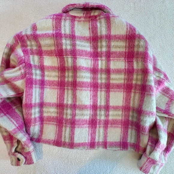 Zara Pink Ivory Plaid Cropped Shacket Oversized Trucker Jacket XS - Picture 9 of 10